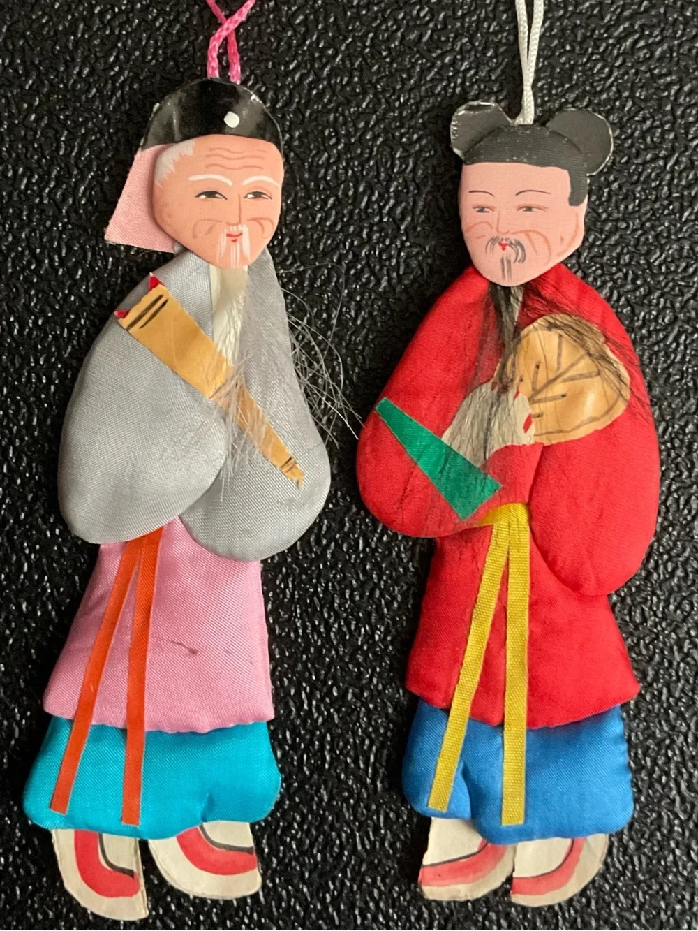 2 Vintage Chinese Folk Art Padded Silk & Cardboard Immortals Ornaments 5”
